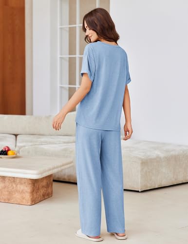 Image of Ekouaer Pajamas for Women Set 2 Piece Short Sleeve Tops with Long Pants V Neck Soft Pjs Casual Lounge Set with Pockets