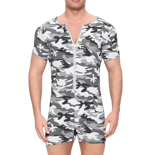 Onesie for Men Cotton Short Sleeve Camouflage Pajama Jumpsuits One Piece Printed Romper Bodysuit Zipper Up2
