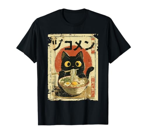 Kawaii Chat Mangeant des Nouilles Ramen drôle Vintage Anime Japonais T-Shirt