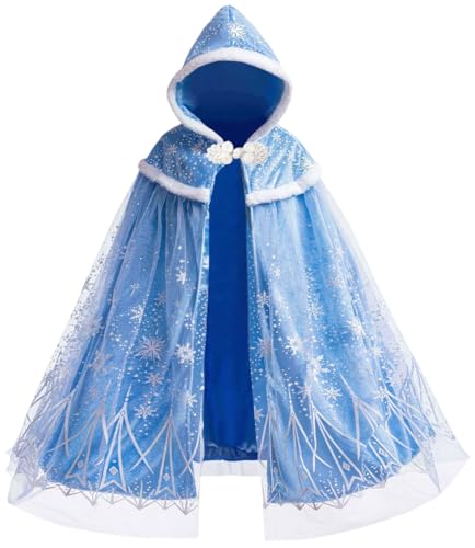 Hulaha Girls Elsa Hooded Cape Kids Halloween Dress up Cloak Girls Princess Warm Cape Blue 2-4Years