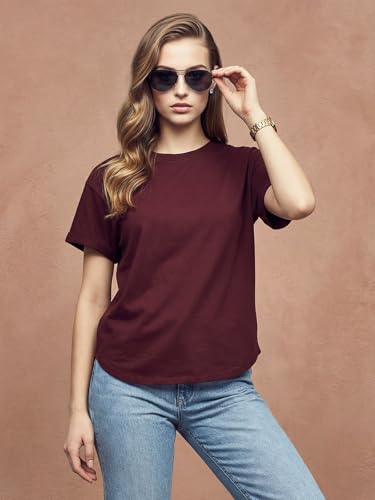 Image of JUNEBERRY Pure 100% Cotton Oversized Loose Fit Drop Shoulder Round Neck Boyfriend Fit Solid Half Sleeves T-Shirt for Women & Girls (Sizes: S to 2XL)