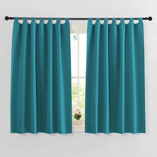 PONY DANCE Kurze Gardinen Küche Thermo Vorhänge Blickdicht Schlaufenschal 2er Set H 145 x B 140 cm Küchengardinen Wohnzimmer Scheibengardinen mit Schlaufen, Türkis