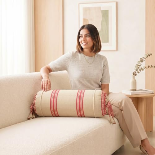 Image of SAJAVAT HOME Bolster Cover Pack of 2, Light Yellow Red Stripe Cotton Bolster Pillow Covers with Tie Closure | Round Pillow Cover Set for Bed, Sofa & Side Pillow | 16x32 Inch