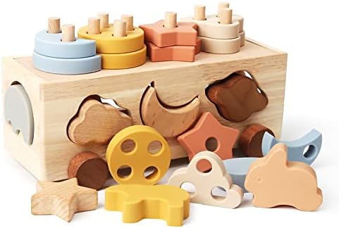 Samonyed Shape Sorter Toys for Toddlers 1-3 Montessori Stack Toy Car for 1 Year OldBaby Blocks Sorting Wooden&Silicone Educational Car Stacking Toys Montessori Toy1 2 3 Year Old Girls Boys Gifts