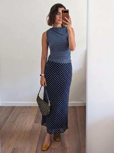 BLENCOT Women's Polka Dot High Waisted Long Maxi Skirt Blue Small — view 3
