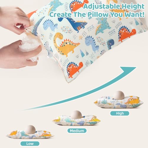Image of Organic Plilow with Cartoon Pillowcase - 16x22 Kids Pillow with 100% Organic Cotton Shell, Adjustable Organic Youth Pillow, Machine Washable, Soft,for Kids&Youth&Children (Dinosaur)