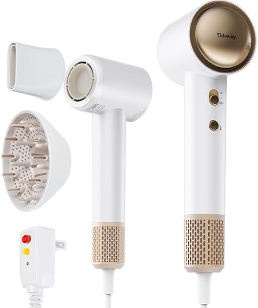 tideway hair dryer, blow dryer with diffuser, ionic professional high-speed 1500w low-noise, 110,000 rpm brushless motor, fast drying, travel compact for women & men (gold)