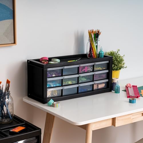 Image of IRIS USA 12-Drawer Desk Storage Organizer, Made in USA, Small Parts Plastic Storage Drawers, Water Packet, Jewelry, Make up, Craft Supplies, Building Blocks, Charms, Nuts & Bolts, Black