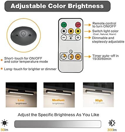 Rechargeable Battery LED Lights Bar 2000mAh , Hapfish Magnetic 5W Steplessly Dimmable Under Cabinet Light with Remote Control, 3 Color Modes, USB Touch Lamps for Bedroom, Living Room, Mirror, Kitchen