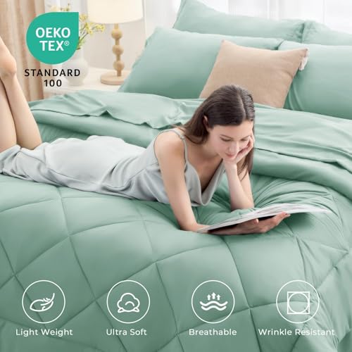 HEVUMYI Sage Green Full Comforter Set - 7-Piece All Season Bed in a Bag Full, Ultra Soft Bedding Set with Comforter, Flat Sheet, Fitted Sheet, Pillowcases, Pillow Shams, Sage Green