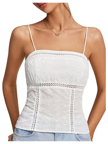 MakeMeChic Women's Summer Camisole Tops Crop Spaghetti Strap Frill Trim Sleeveless Eyelet Tank Top