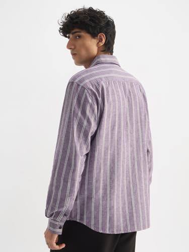 Image of The Souled Store Cotton Linen Stripes: Apricot Men and Boys Long Sleeves Collared Neck Orange Stripes Regular Fit Lightweight Comfortable Summer Cotton Linen Shirts