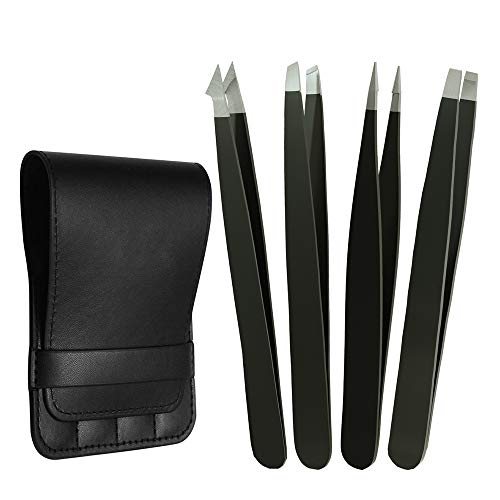 Tweezers for Eyebrows, Tweezer Precision for Eyebrows, Splinter & Ingrown Hair Removal 4 Piece (Black)
