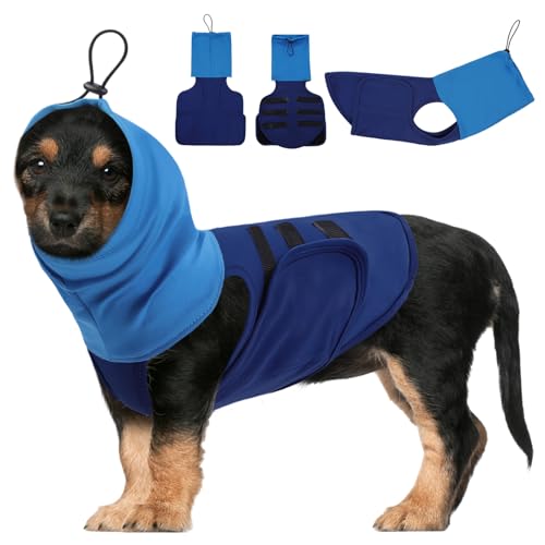 Image of SAWMONG Dog Anxiety Vest, Breathable Calming Shirt Adjustable Chest & Hood for Dogs, Soft Pet Stress Relief Calming Coat Wraps Ears for Noise, Thunderstorms, Fireworks and Separation(Blue, Medium)