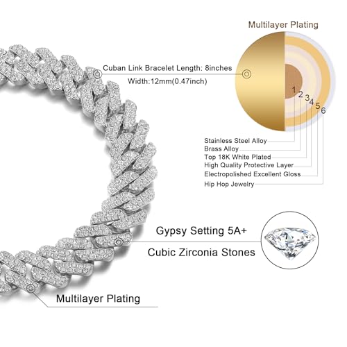 Saintda Cuban Link Bracelet For Men Women Silver/Gold/Rose Gold Bracelets Iced Out Miami Cuban Bracelet Hip Hop Jewelry Gift