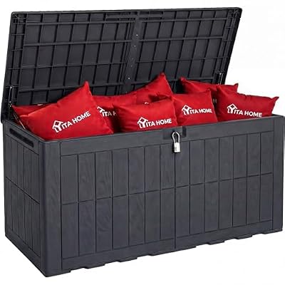 YITAHOME 134 Gallon Large Deck Box, Waterproof Resin Outdoor Storage Box with Lock, Doubles as 2-Person Bench Seating for Patio Furniture Cushions,Garden Tools & Pool Accessories, Dark Gray