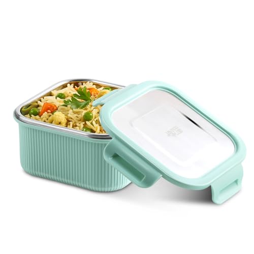 Image of Jaypee Plus Ultima Micro Seal Microwave Safe Air Tight Food Storage Container 800 ml Inner Stainless Steel Rib Design Spillproof Lunch Box for School, Office, Ideal for Snacks and Meal, Green