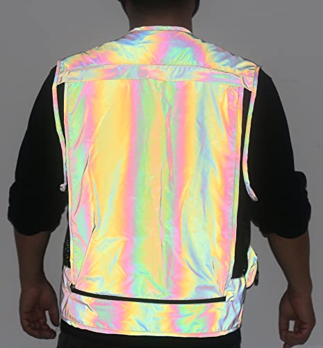 LZLRUN Mesh Rainbow Reflective Cargo Multi-pocket Vest for Men Fishing Outdoor Work Jacket2