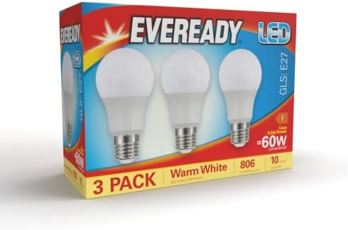 EVEREADY E27 Screw Bulb - Warm White E27 LED Bulb for Ceiling Lights, Lamps & Edison Screw ES E27 Bulb Fittings - Long Lasting & Energy Saving LED Light Bulb 3000k 806 Lumen 60w Equivalent- Pack of 3