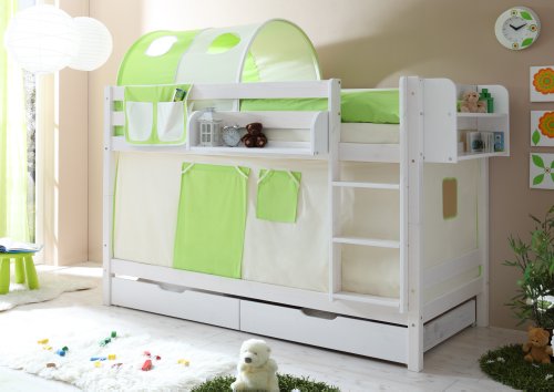 Etagenbett Doppelbett Marcel Kiefer massiv Weiss, Vorhangstoff:Beige Grün
