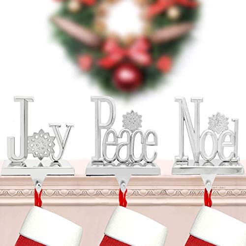 NaTursou Set of 3 Joy Peace Noel Stocking Holder Hanger Chrismas Stocking Holders Mantle,Christmas Fireplace Holder Silver Decor