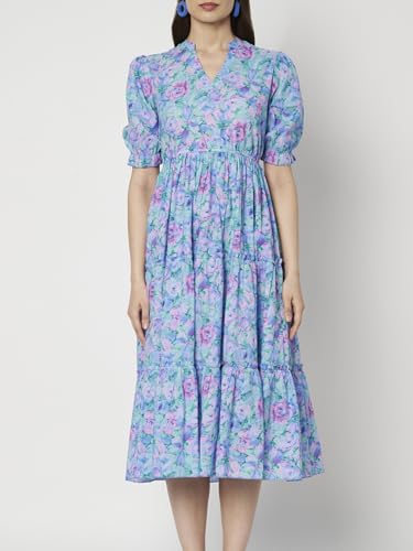 Image of PIDAVLIYA'S Women's Floral Summer Maxi Dress I Cotton Printed I One Piece Bodycon Midi Dress with V-Neck, Puffed Sleeves