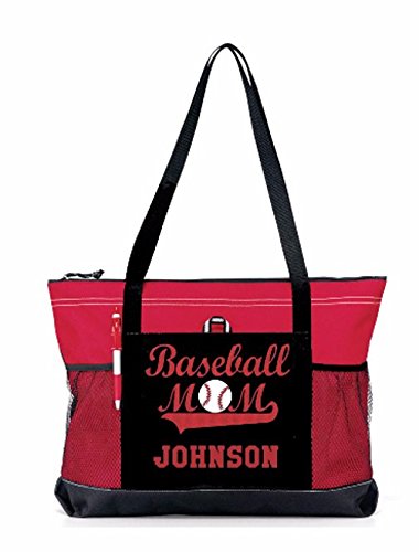 Red Baseball Mom Sports Tote - Glitter or solid color on Red/black Tote with Player name