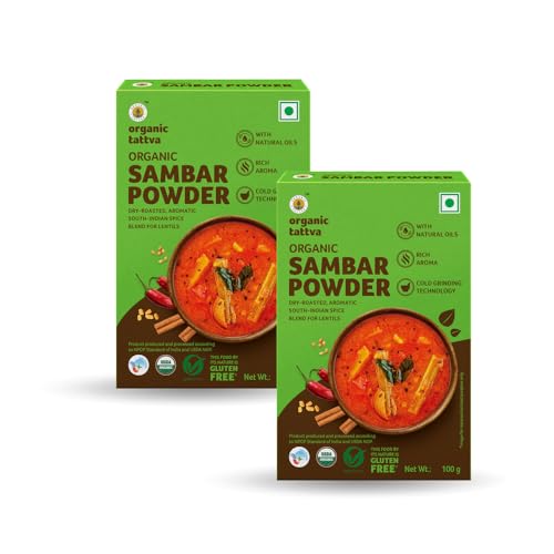 Image of Organic Tattva, Organic Sambar Powder 200 Gram | Authentic South Indian Flavor |Pesticide and Chemical Free | With Natural Oils | Rich Aroma | Naturally Gluten Free | (Pack of 2-100gm Each)