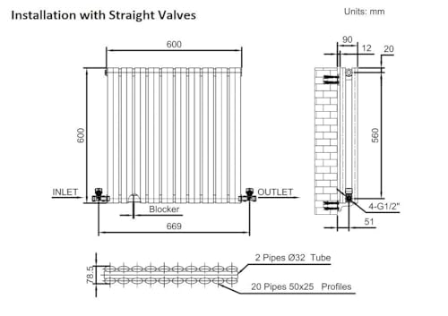 DuraTherm® 600 x 600mm Anthracite Horizontal Designer Radiator Double Column Oval Tube Modern Central Heating Panel Bathroom Radiators