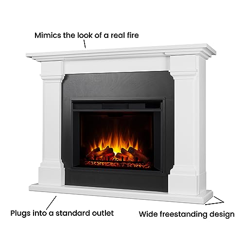 Real Flame Callaway 63" Grand Electric Fireplace with Mantel in White, Free-Standing Oversized Indoor Electric Fireplace with Mantel, Adjustable Thermostat, Automatic Safety Shut-Off
