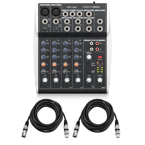 Behringer XENYX 802S Premium Analog 8-Channel Mixer with USB Streaming Interface Bundle With 2x H&A XLR M to F Microphone Cable - 15'