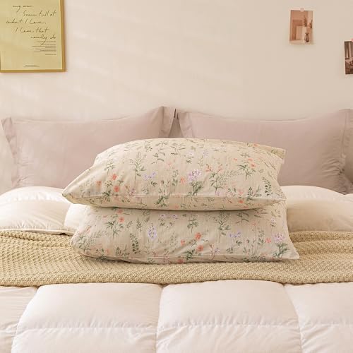 Image of ECOCOTT Floral Pillowcases Standard Size Set of 2, 100% Washed Cotton Pillow Cases with Envelope Closure, Beige Botanical Wildflower Printed Pillow Covers for Cottagecore Farmhouse Bedroom Decor