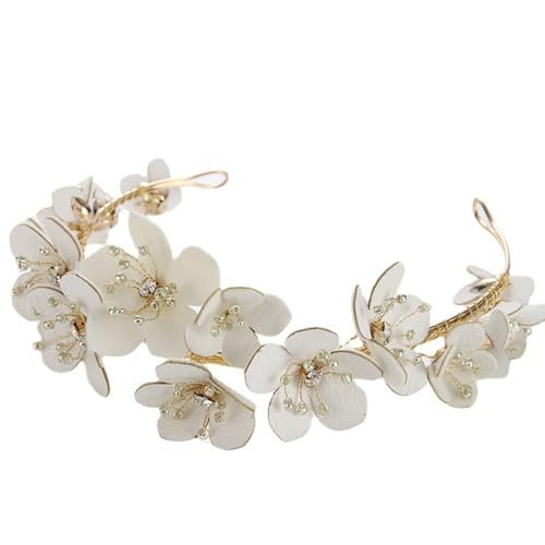 Soulshow Bridal Flower Crown Headpiece White Pearl Crystal Floral Hair Tiara with Gold Wire Wedding Headband with Delicate Blossoms