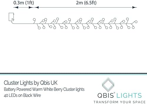 Qbis Berry Cluster Lights, 40 Warm White Berry Lights, Battery Fairy Lights for Bedroom with Timer, Battery Lights Indoor / Outdoor use on Thin Black Wire (40 LED Battery Powered)