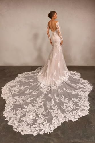 Jamille Lace Applique Wedding Dresses for Bride 2024 Mermaid Long Sleeve Briadal Gowns with Train Deep V Neck Beach JA01163