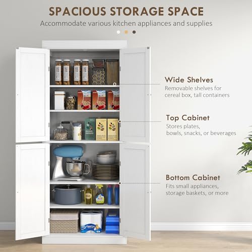 HOMCOM-725-Freestanding-Kitchen-Pantry-Cabinet-Tall-Storage-Cabinet-with-4-Doors-and-2-Adjustable-Shelves-for-Dining-Room-White-Wood-Grain HOMCOM 725 Freestanding Kitchen Pantry Cabinet Tall Storage Cabinet with 4 Doors and 2 Adjustable Shelves for Dining Room White Wood Grain
