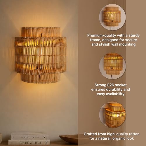 Image of Habere India-All the Cultures Fabricating India Cane Wall Lamp | Rattan Wall Light for Bedroom & Living Room | Decorative Wall Mount Lamp (L22 x W12 x H24 cm)