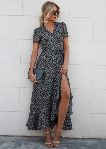 PRETTYGARDEN Women's Summer Maxi Dress Casual Wrap Floral Boho Short Sleeve V Neck Split Ruffle Beach Long Dresses