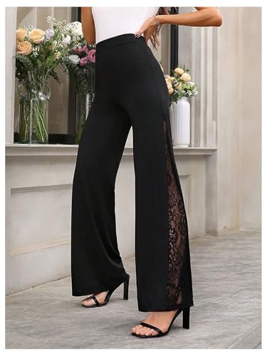 GORGLITTER Women's Lace Bell Pants Bottom Flare Flared Leg Elastic High Waist Casual Office Trousers4