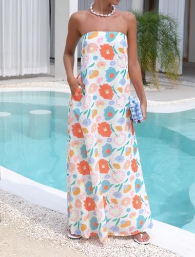 Image of Women Floral Print Maxi Tube Dress Strapless Flowy Long Bandeau Dress Y2K Open Back Sundress Summer Beachwear