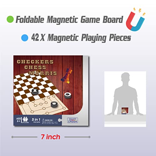 3 In 1 Magnetic Travel Family Board Games For Kids Checkers Chess Nine Men's Morris With Foam Pieces(6.8"X6.8" Folded) #TOP4