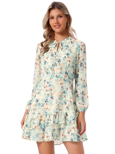 Image of Allegra K Women's Spring Dresses 2026 Tie V Neck Semi Sheer Long Sleeve Layered Tiered Chiffon Mini Floral Dress
