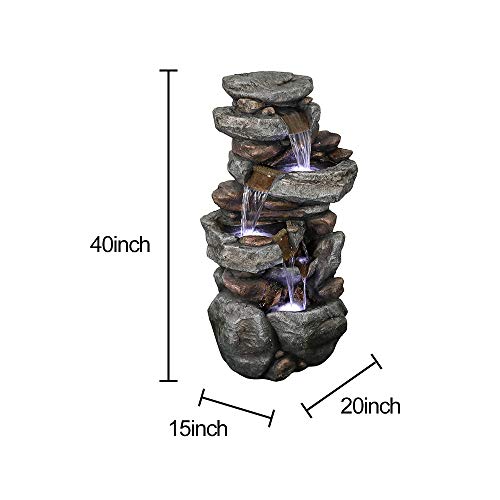 SunJet 5-Tier Outdoor Water Fountain with LED Lights - 40in Rock Water Fountain for Home Garden, Yard, Patio, Deck Decor - Soothing Tranquility Floor-Standing Fountain - Thumbnail 7