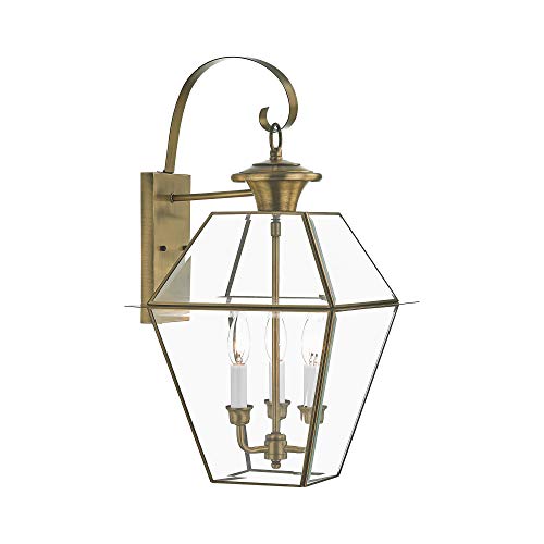 Image of Livex Lighting 2381-01 Westover 3-Light Outdoor Wall Lantern, Antique Brass
