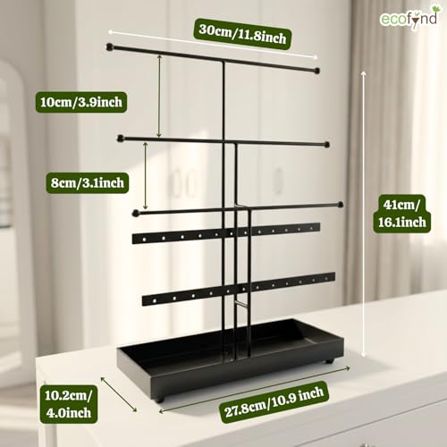 Image of ecofynd 5-Tier Metal Jewelry Organizer Stand with 3 Hanger & 24 Earring Holes,16-Inch Holder for Earrings, Necklaces, Bracelets & Rings, Space-Saving Display for Vanity & Dressing Table (Black, JS011)