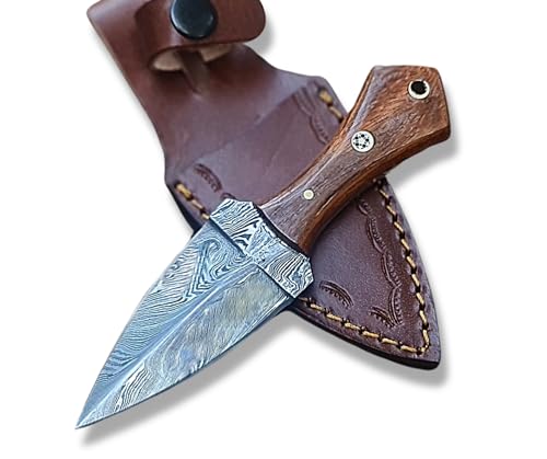 HAWK KNIVES Edc Small Damascus Fixed Blade Knife with Sheath - 3 in Mini Neck Knife, Handmade Damascus Dagger