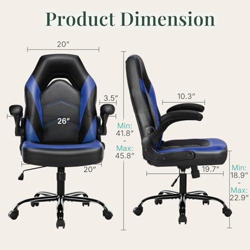 Image of Ergonomic Computer Gaming Chair - Home Office Desk with PU Leather Lumbar Support, Adjustable Big and Tall Video Game with Flip-up Armrest, Swivel Wheels for Adults and Teens,Black Blue