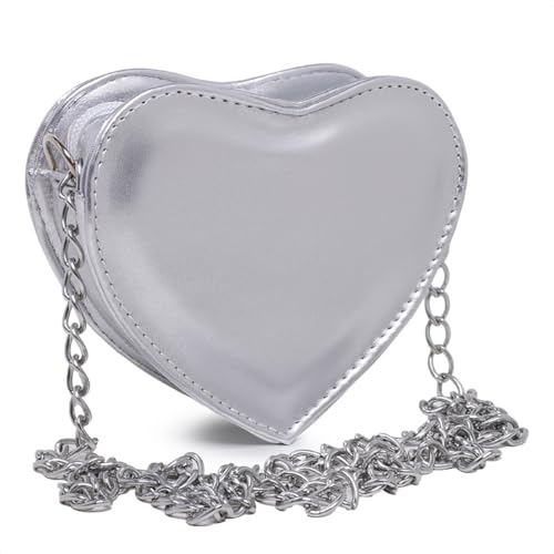 Bolsa Feminina Coração Pequena Transversal Tiracolo com Corrente (Prata)