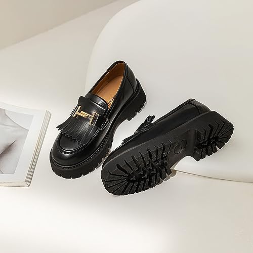 Image of Chunky Loafers Women Platform Loafers for Women Chunky Heel Lug Sole Loafers for Women Slip ons Round Toe