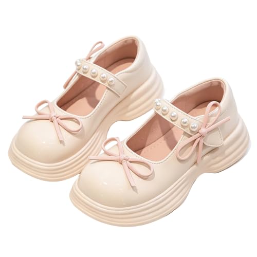 kkdom Girls Mary Jane Dress Shoes - Cute Bow Little Girl School Uniform Oxford Shoes, Beige